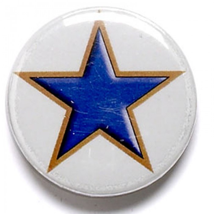 WHITE CIRCULAR 25MM FLAT PIN  BADGE WITH  BLUE STAR 